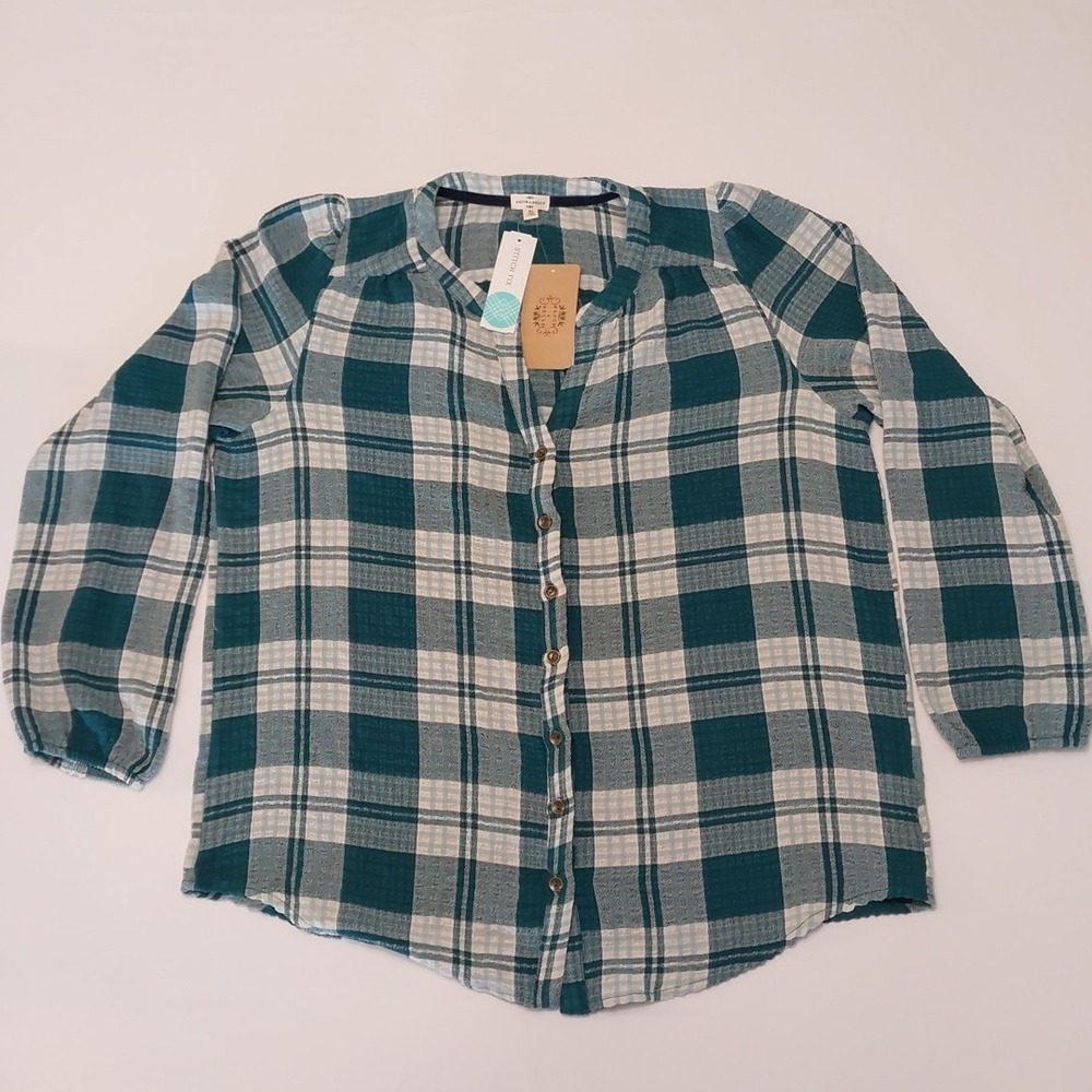 NWT MASON & BELLE Women's XL Green Plaid Long Sleeve Blouse Shirt Button Down